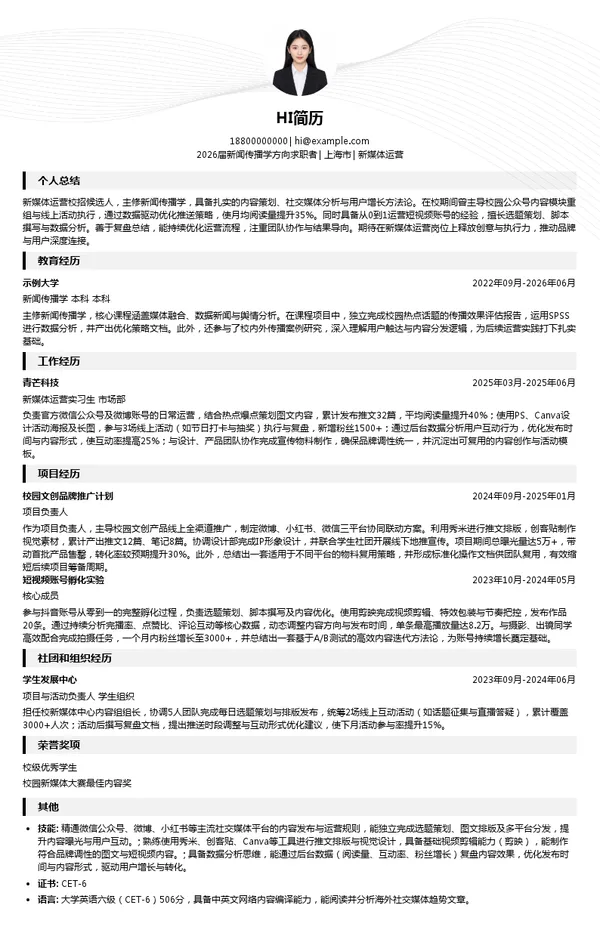 应届生新媒体运营简历模板