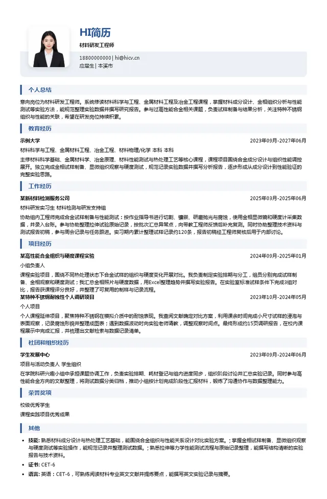 辽宁金中新材料产业集团有限公司材料研发工程师投递简历模板