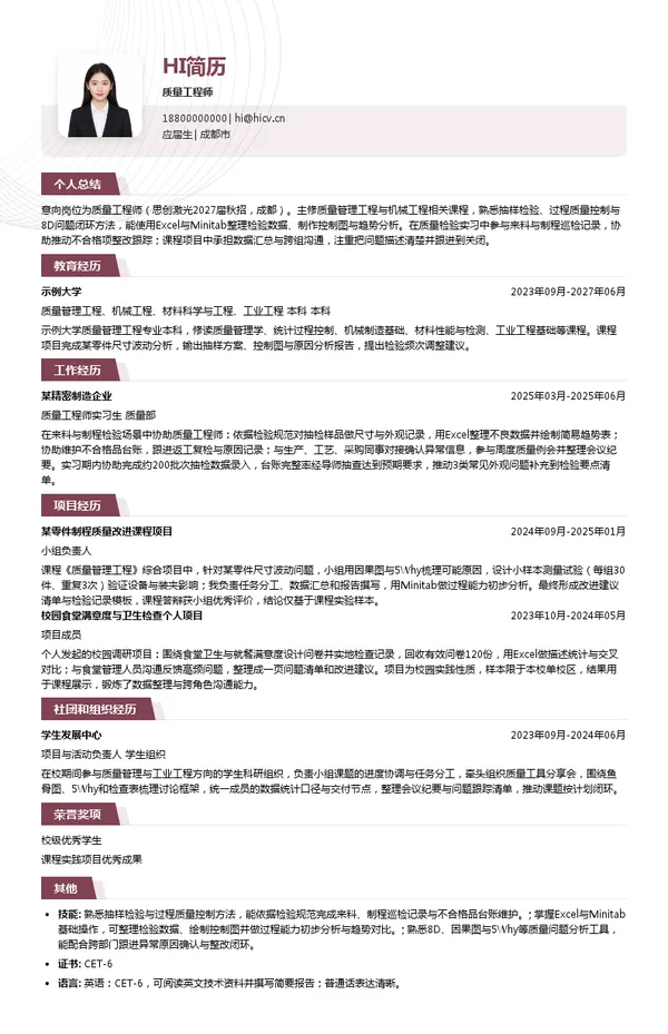 思创激光质量工程师投递简历模板