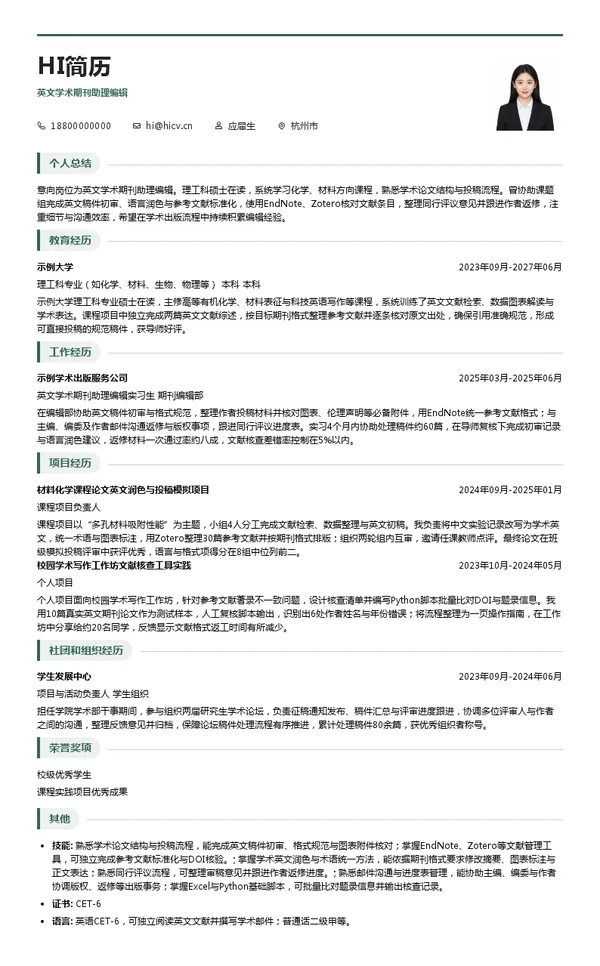 上海鸿融建设发展有限公司英文学术期刊助理编辑投递简历模板