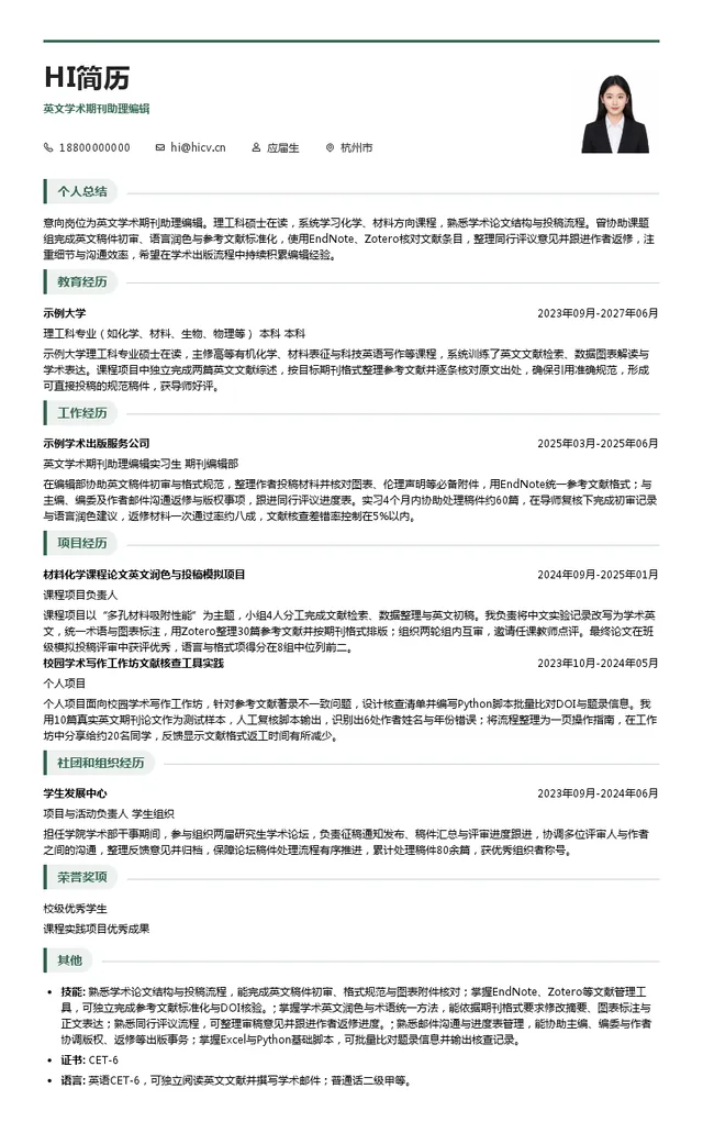 上海鸿融建设发展有限公司英文学术期刊助理编辑投递简历模板