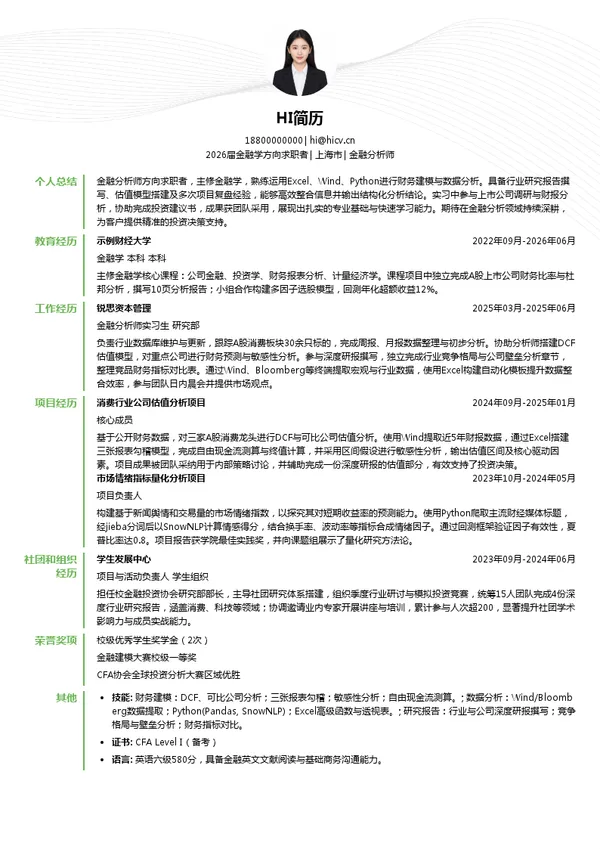 金融分析师简历模板