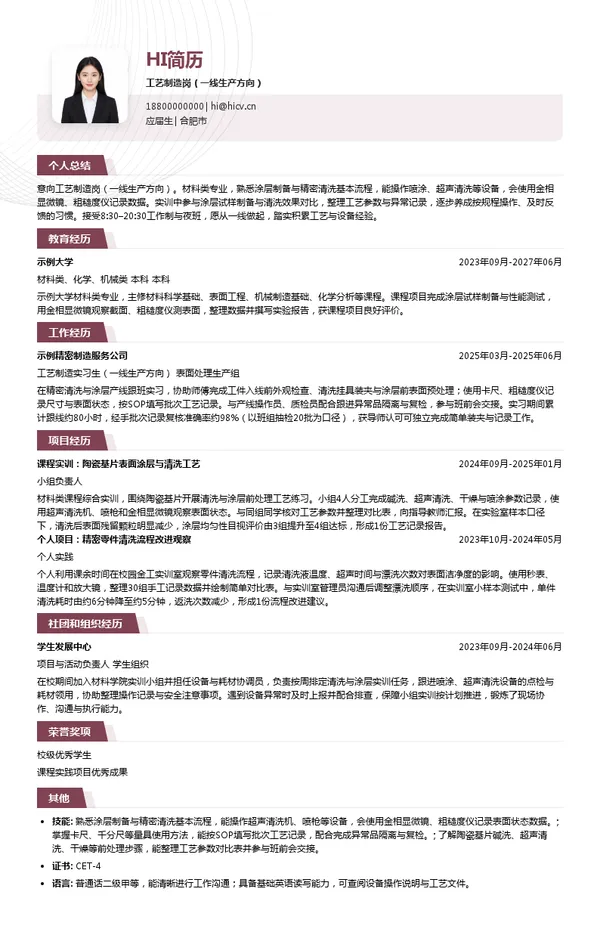 合肥微睿科技股份有限公司工艺制造岗(一线生产方向)投递简历模板