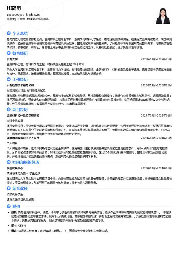 上海有色金属工业技术监测中心有限公司物理测试部检验员投递简历模板
