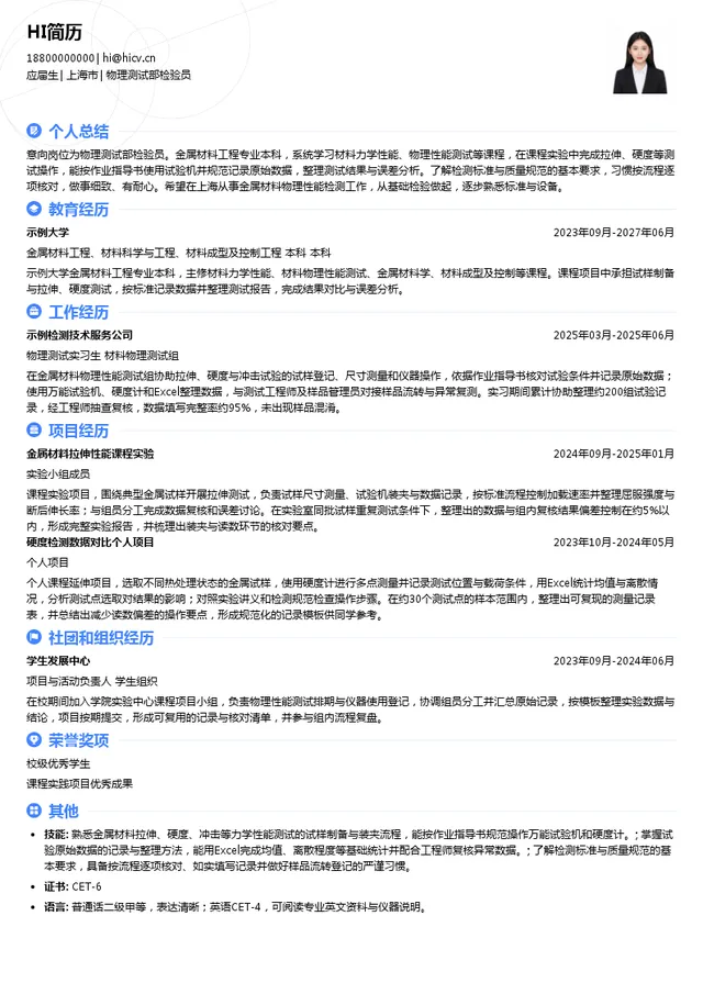 上海有色金属工业技术监测中心有限公司物理测试部检验员投递简历模板