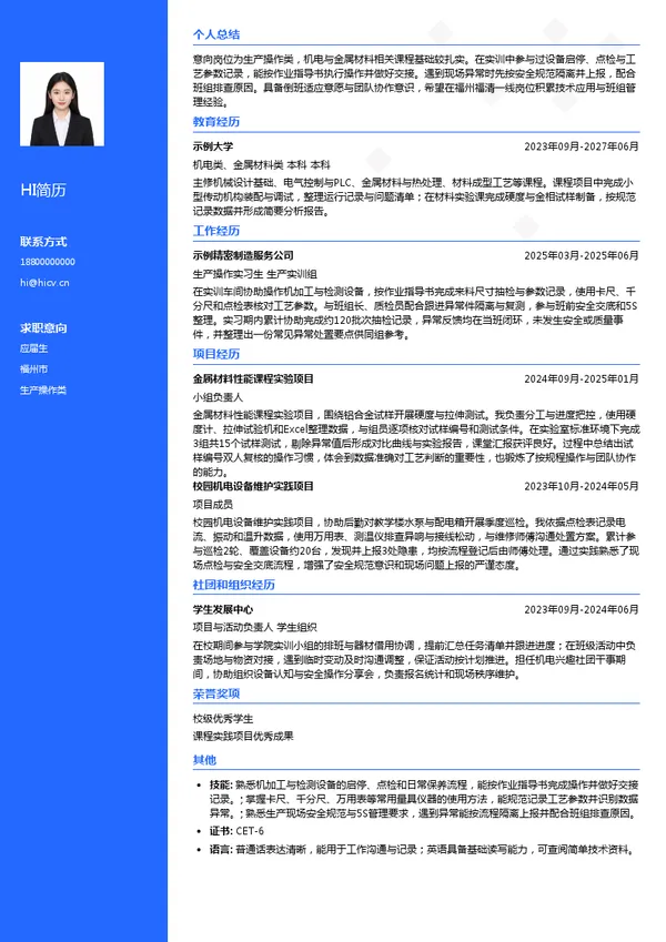 中铝瑞闽股份有限公司生产操作类投递简历模板
