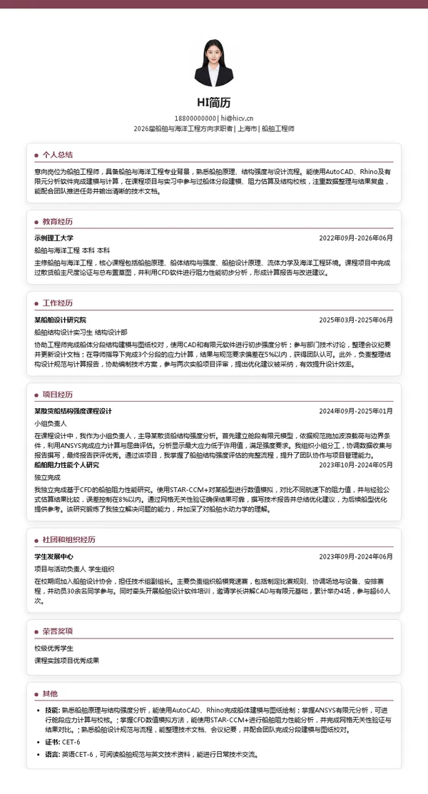 船舶工程师简历模板
