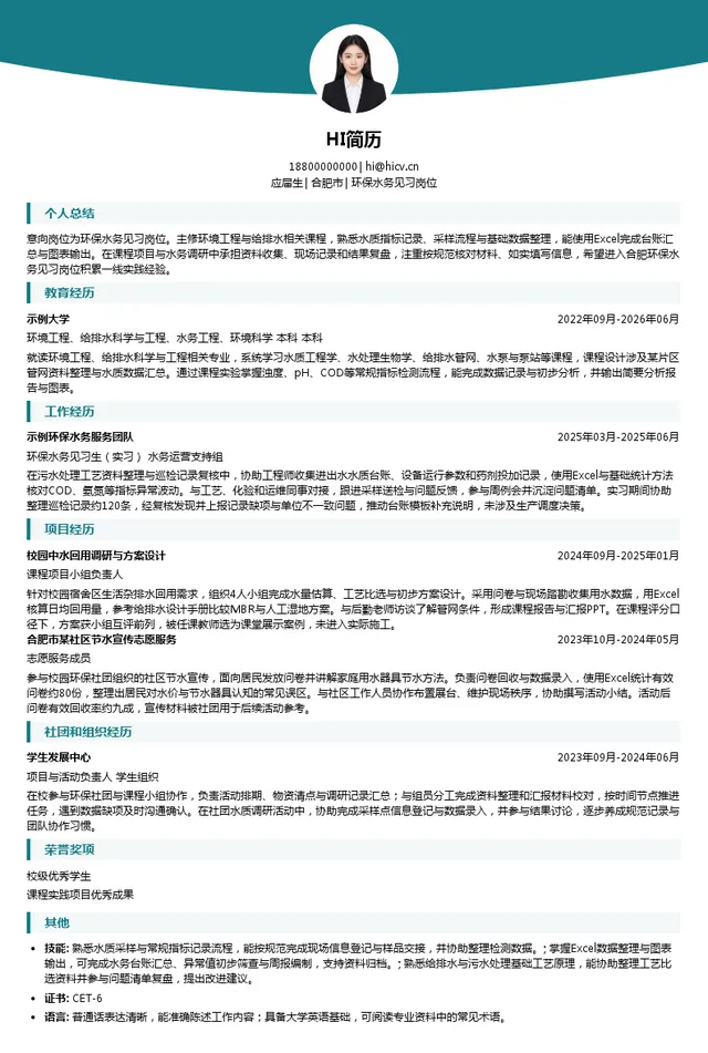 江苏省环保集团有限公司环保水务见习岗位投递简历模板
