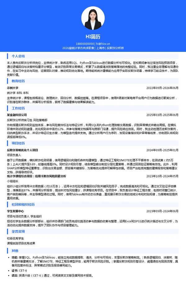 反欺诈分析师简历模板