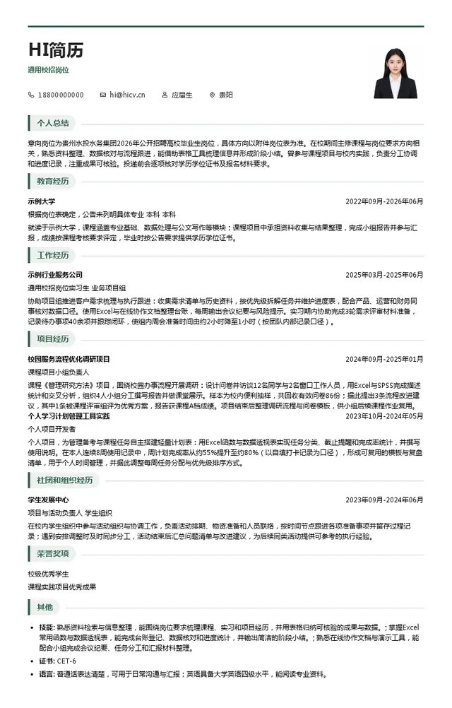 贵州水投水务集团通用校招岗位投递简历模板