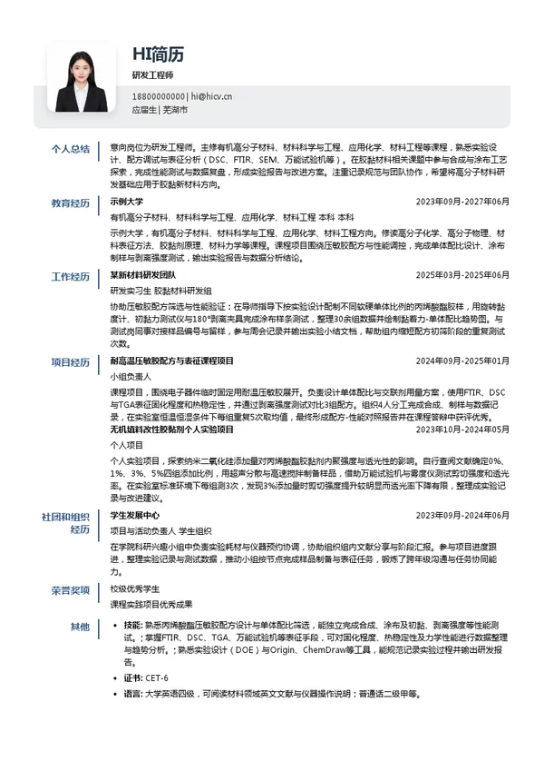 芜湖徽氏新材料科技有限公司研发工程师投递简历模板