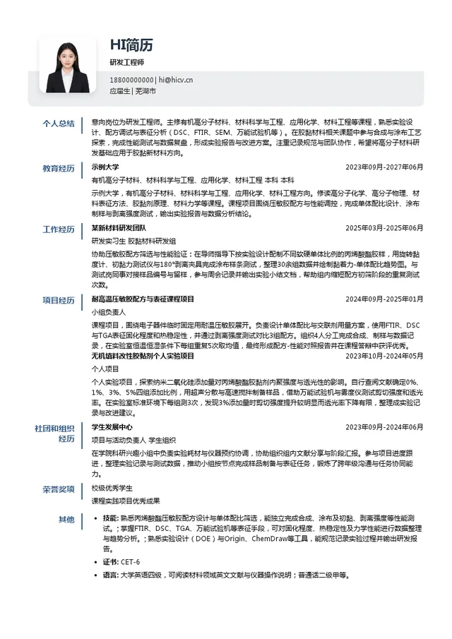 芜湖徽氏新材料科技有限公司研发工程师投递简历模板