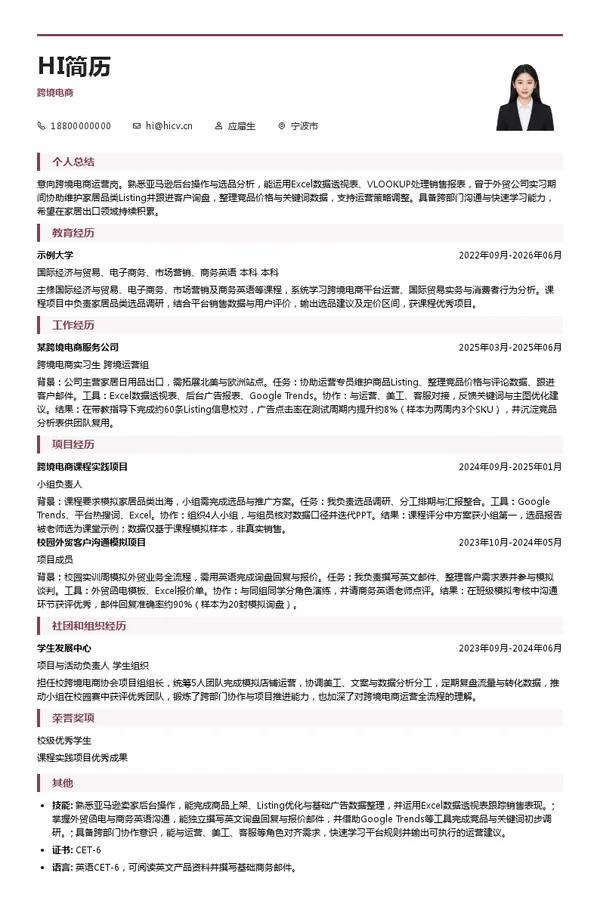 宁波前程家居股份有限公司跨境电商投递简历模板