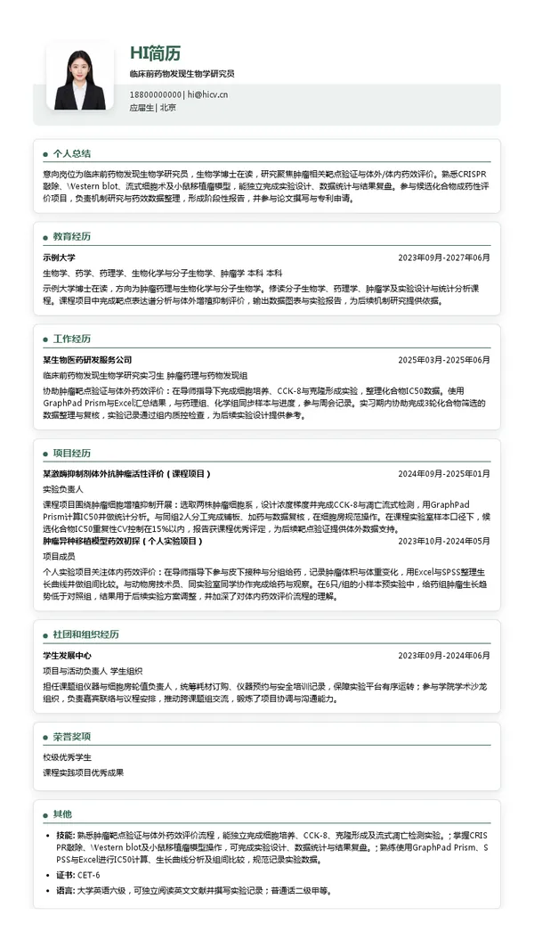亚盛医药临床前药物发现生物学研究员投递简历模板