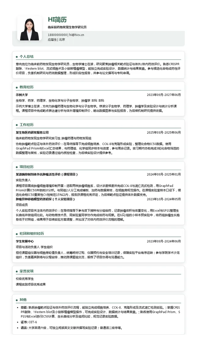 亚盛医药临床前药物发现生物学研究员投递简历模板