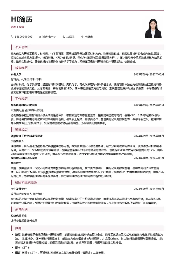 中润光能科技股份有限公司研发工程师投递简历模板