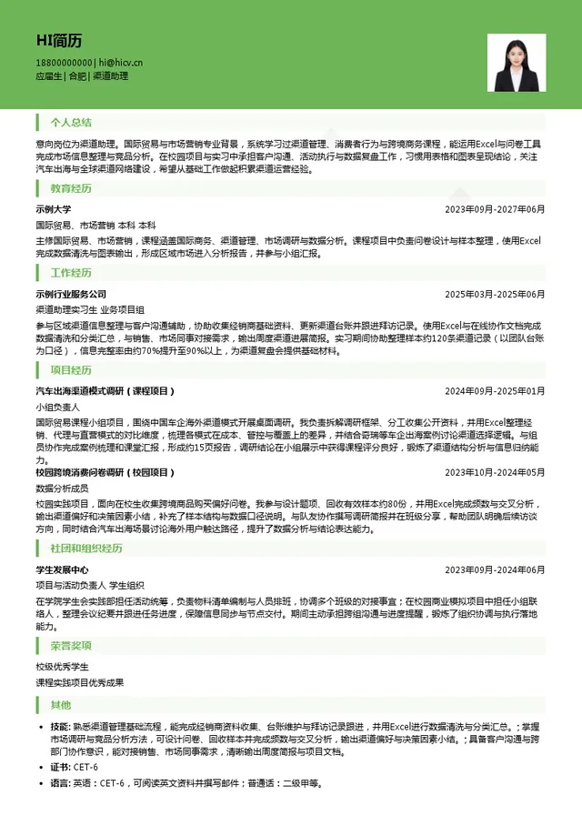 奇瑞国际渠道助理投递简历模板