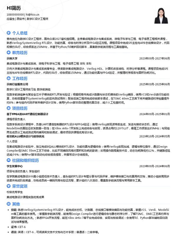 广州众诺微电子有限公司数字IC设计工程师投递简历模板