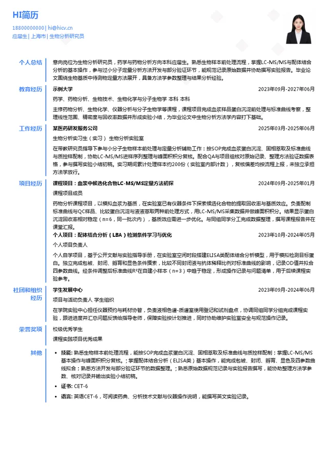 上海益诺思生物技术股份有限公司生物分析研究员投递简历模板