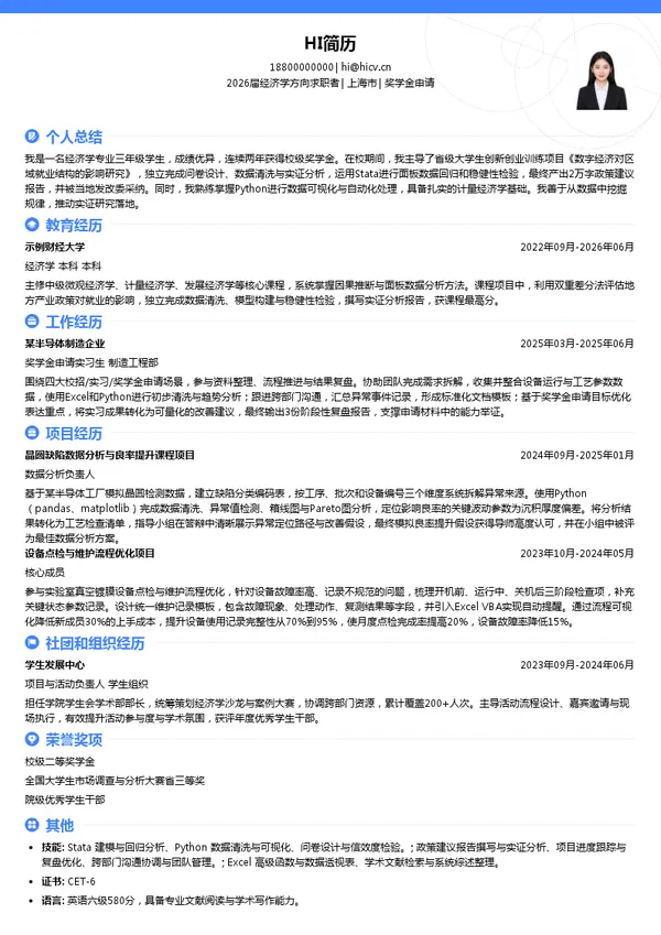 四大奖学金申请简历模板