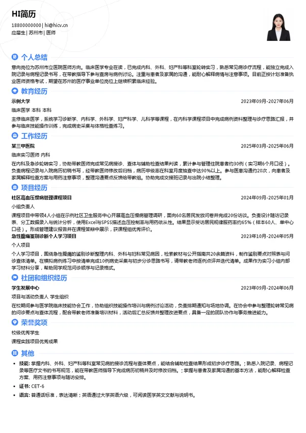 苏州市立医院医师投递简历模板