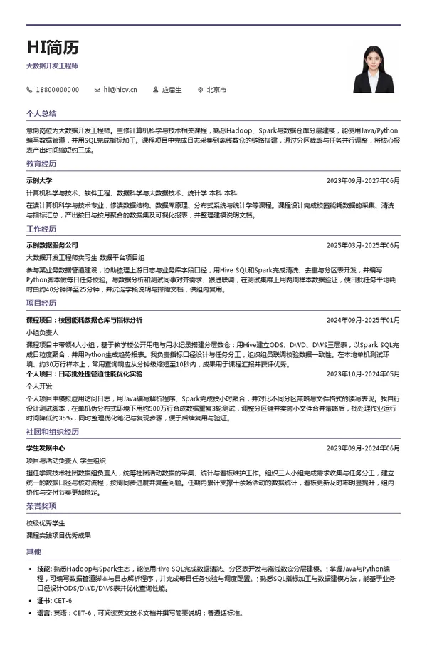 京能数字产业有限公司大数据开发工程师投递简历模板