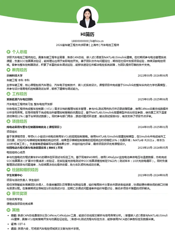 汽车电控工程师简历模板