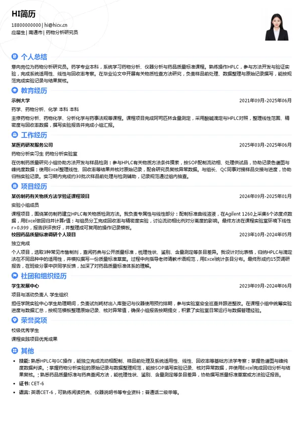 常州制药药物分析研究员投递简历模板