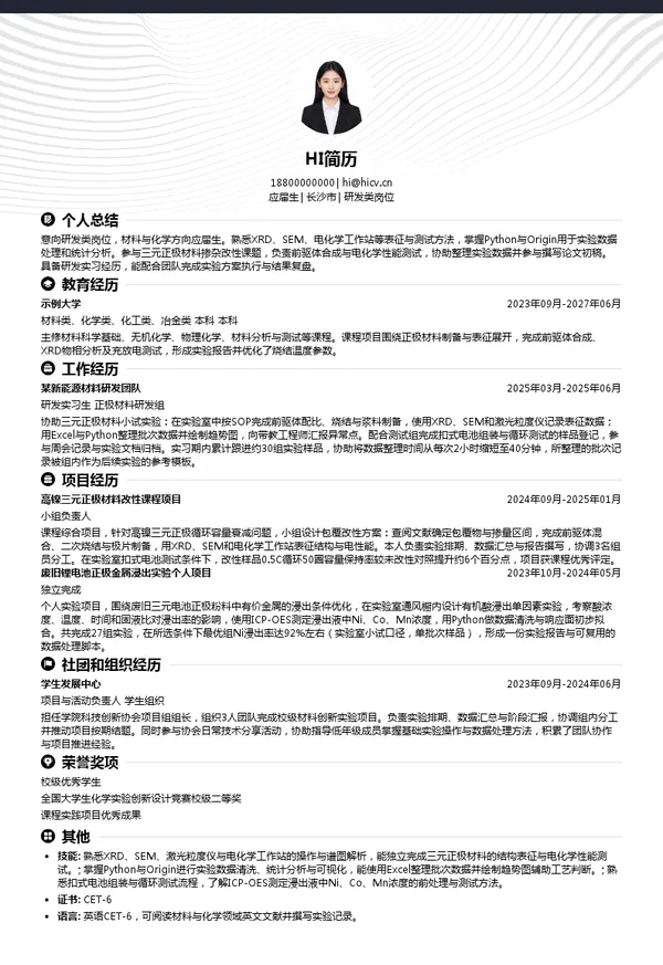 五矿有色金属股份有限公司研发类岗位投递简历模板