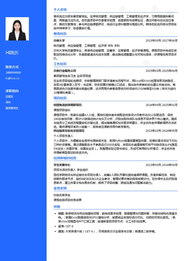 顺丰集团管培生投递简历模板