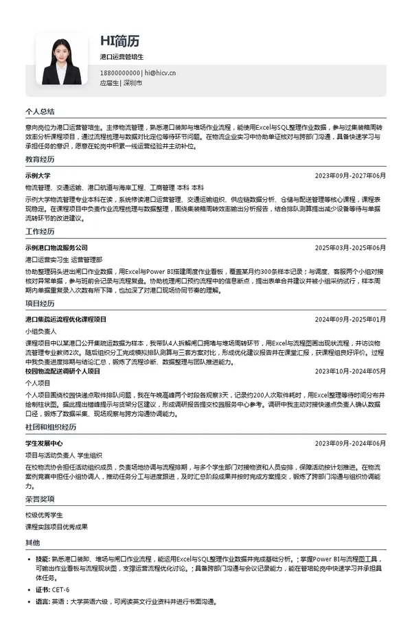 招商局港口集团股份有限公司港口运营管培生投递简历模板