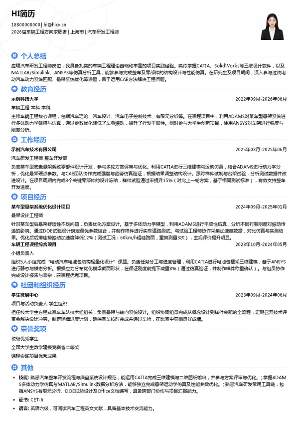 汽车研发工程师简历模板