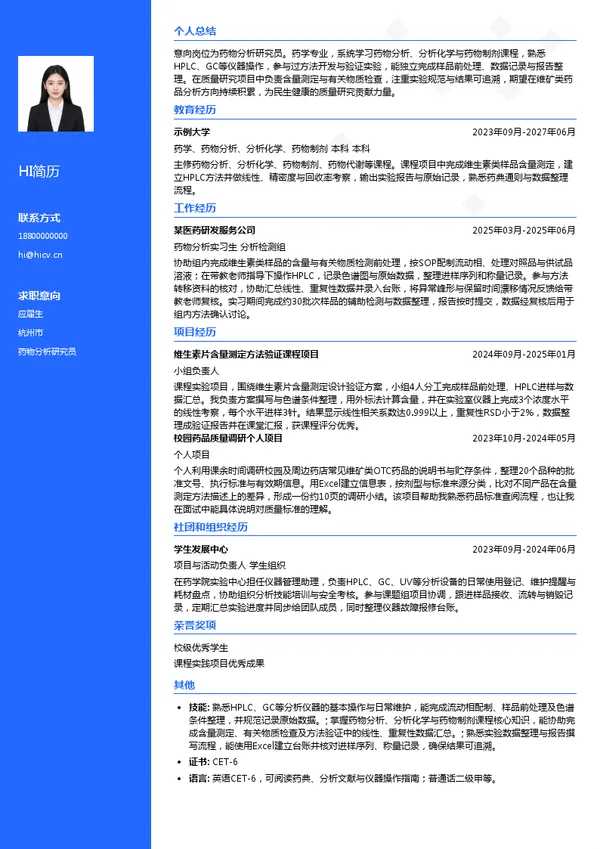杭州民生健康药业股份有限公司药物分析研究员投递简历模板