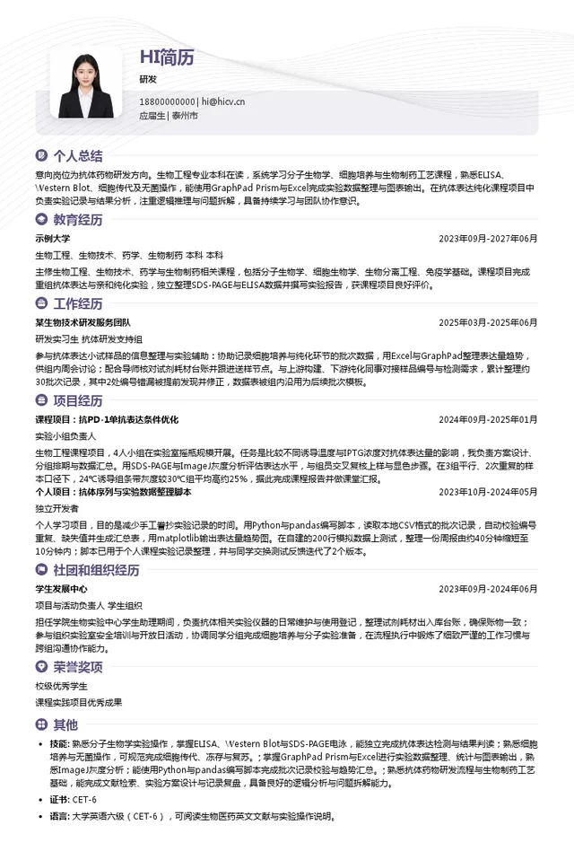 江苏赛孚士生物技术有限公司研发投递简历模板