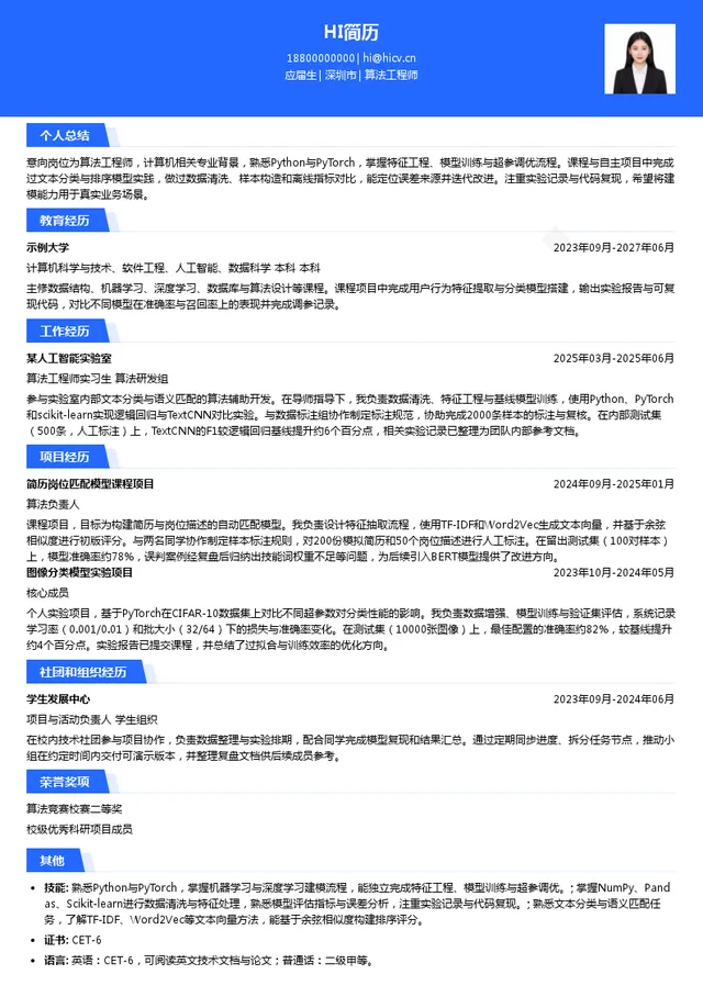深圳华强电子网集团股份有限公司算法工程师投递简历模板