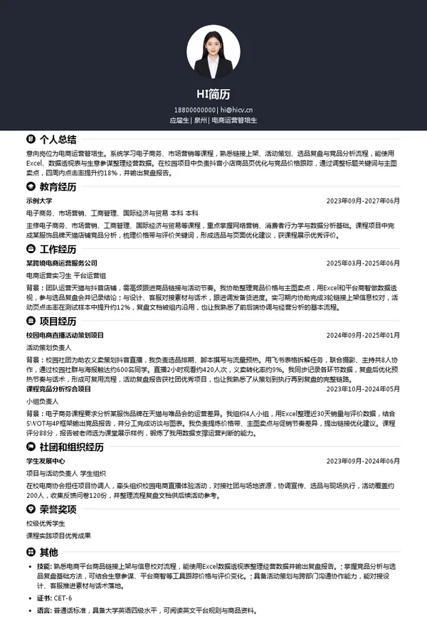 巨爵集团电商运营管培生投递简历模板
