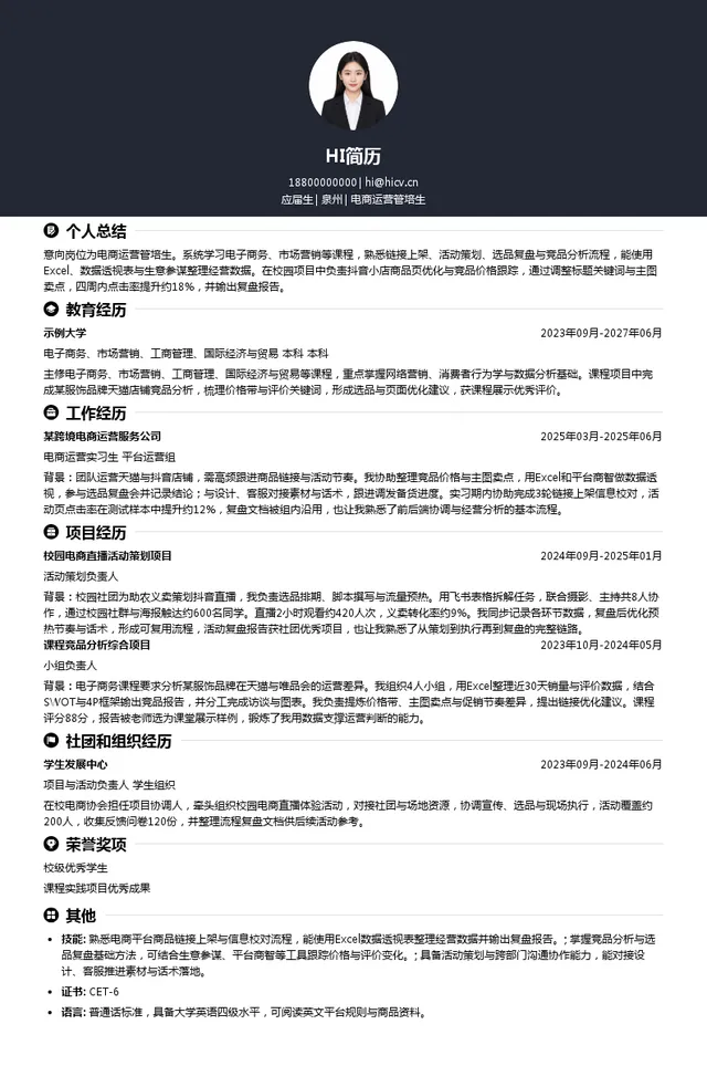 巨爵集团电商运营管培生投递简历模板