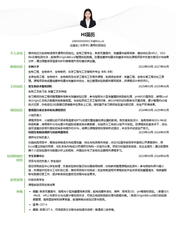 国投生物制造创新研究院有限公司通用校招岗位投递简历模板