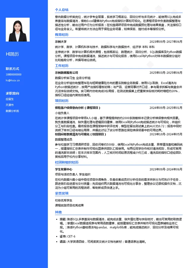 中国太平洋财产保险股份有限公司数据分析类投递简历模板