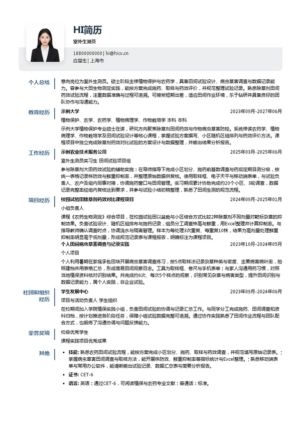 美丰农业科技室外生测员投递简历模板