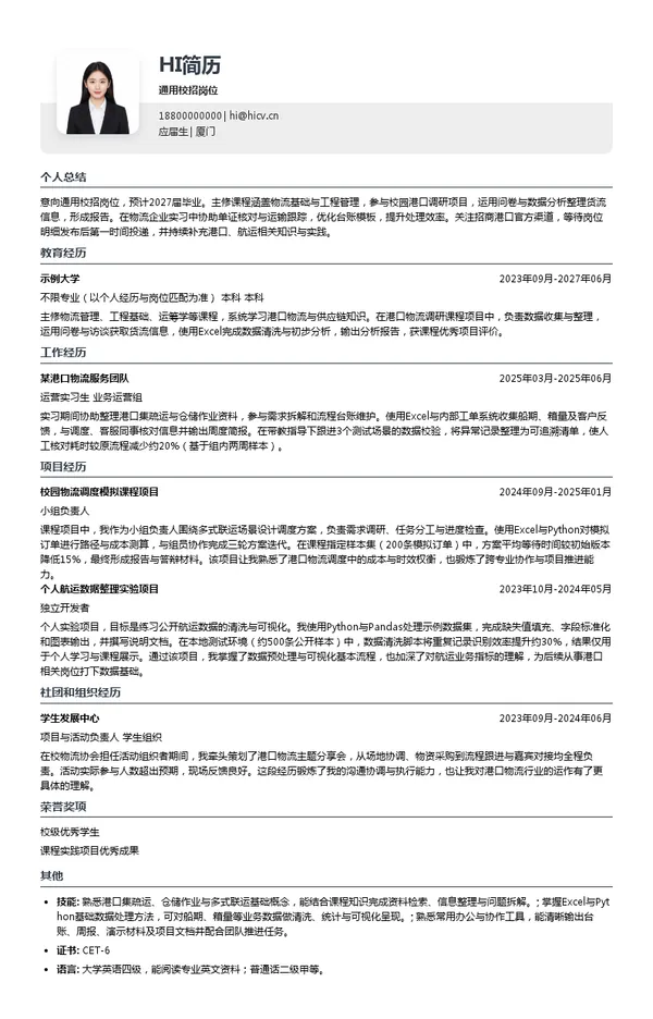 招商港口通用校招岗位投递简历模板