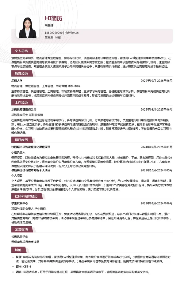合肥百大集团采购员投递简历模板