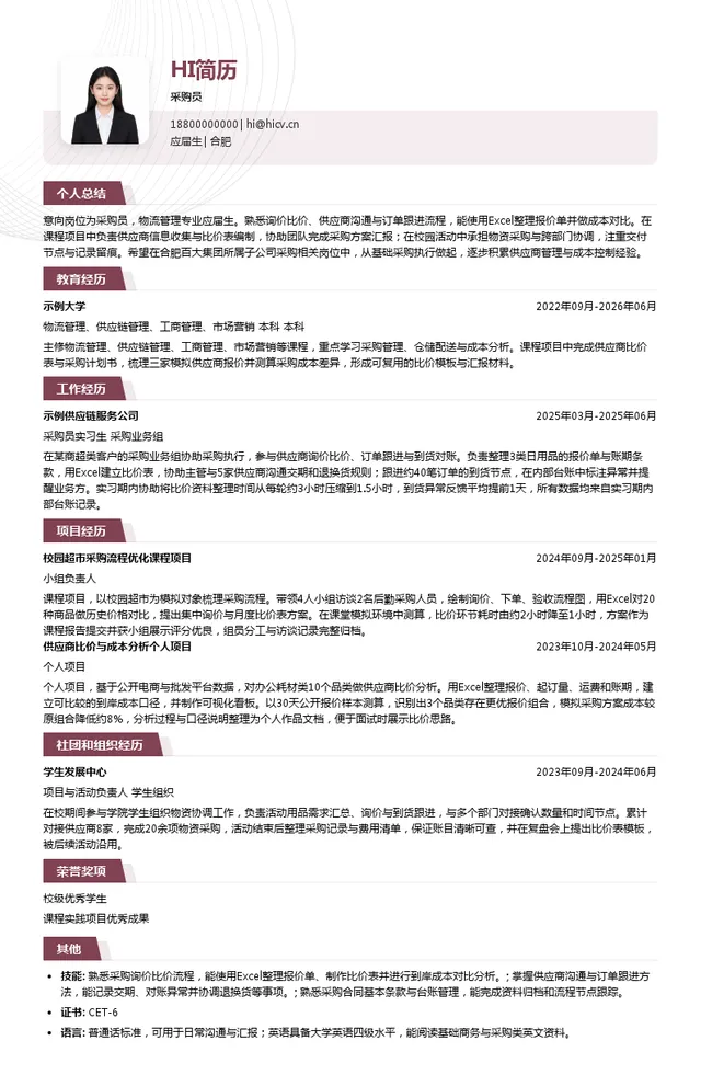 合肥百大集团采购员投递简历模板