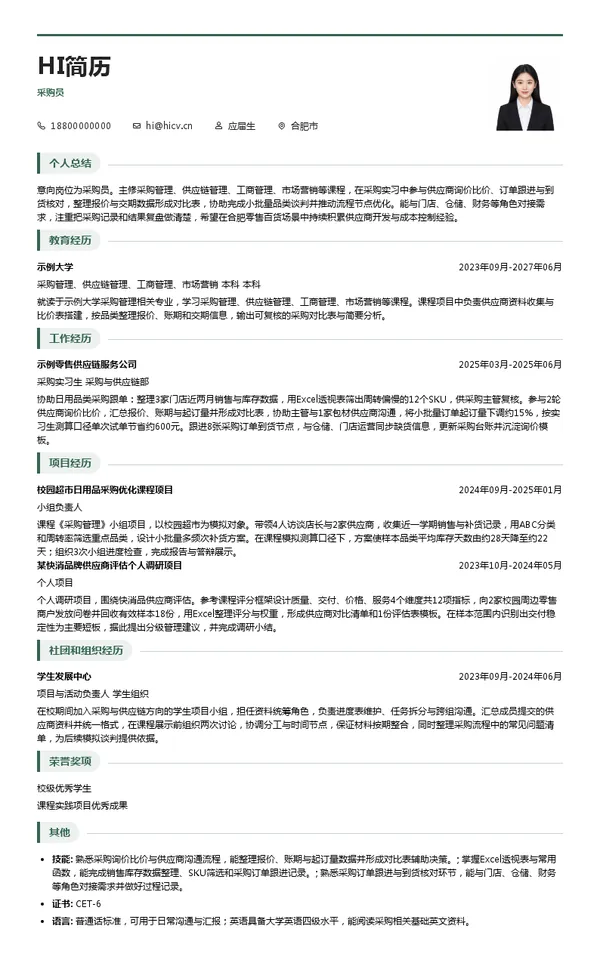 合肥百大集团所属子公司采购员投递简历模板