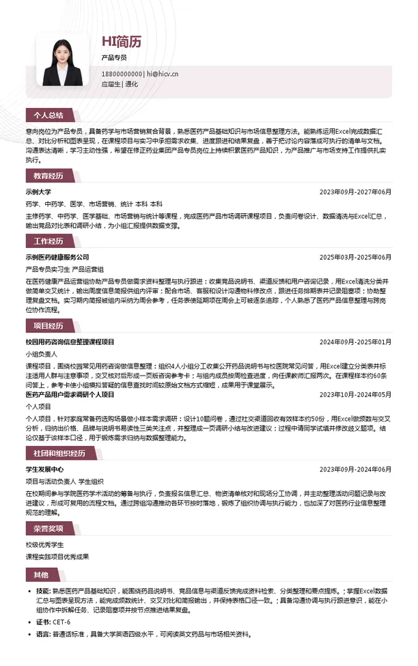 修正药业集团产品专员投递简历模板