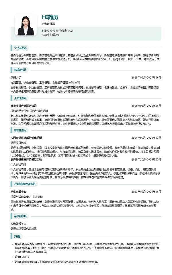 湖南农业发展投资集团有限责任公司采购管理岗投递简历模板