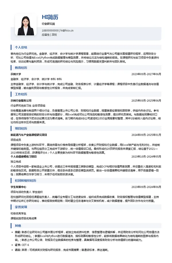 景顺长城基金行业研究岗投递简历模板