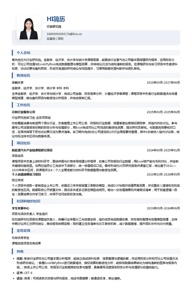 景顺长城基金行业研究岗投递简历模板