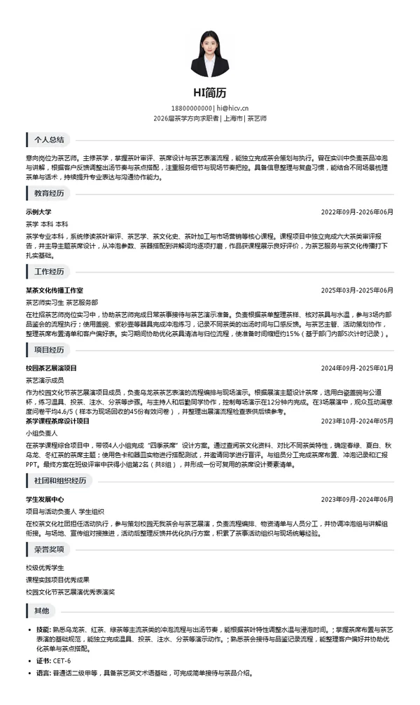 茶艺师简历模板