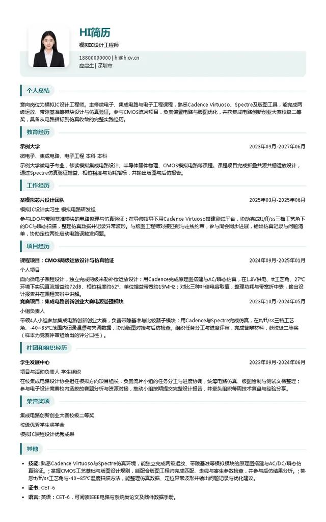 六岳微模拟IC设计工程师投递简历模板